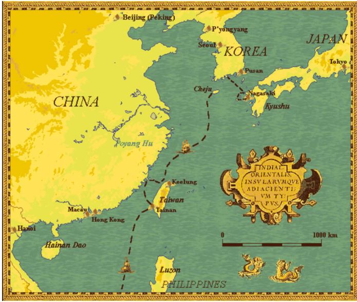 하멜과 그 일행의 항로와 제주 도착, 그리고 13년만에 일본 나가사키로 가는 항로를 표시한 지도.
