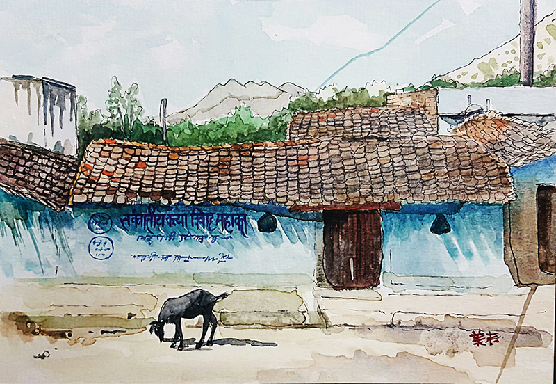 말린 쇠똥으로 지붕을 만든 인도의 집.그림=구미래