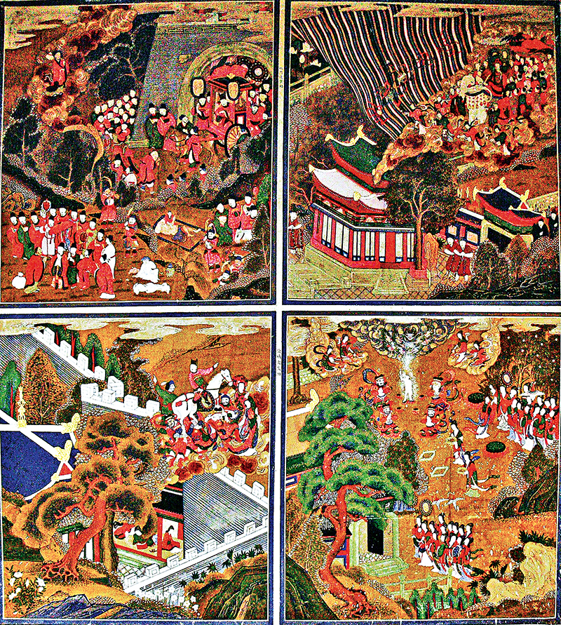 1887년 조성된 경국사 석가팔상도 1폭(제1~4상)은 순민스님이 그렸는데 화면분할 방식이 특이하다.