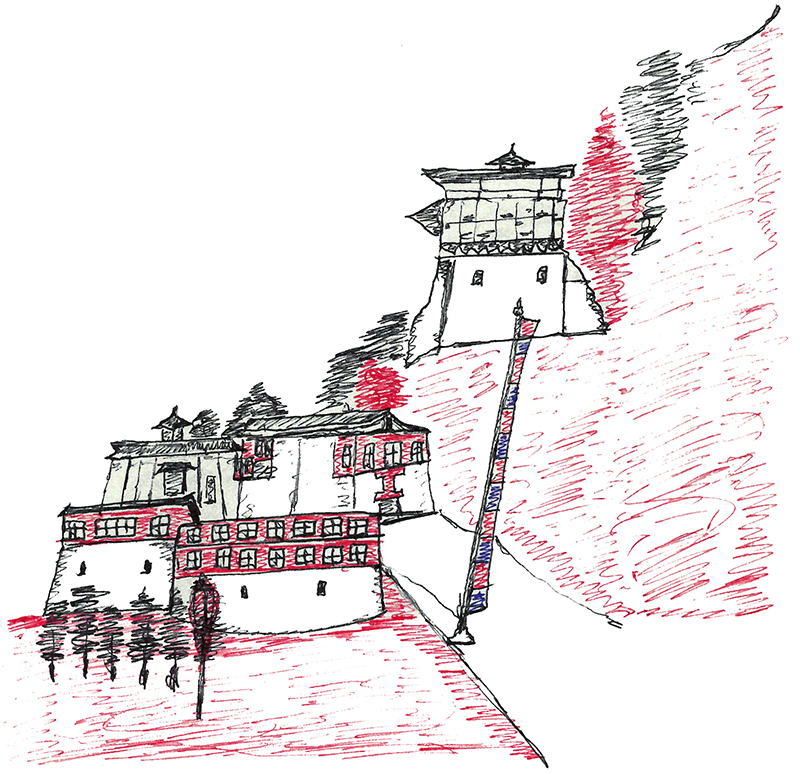 조계종 교육원 교육부장 진광스님의 순례서화집 '세계는 한 송이 꽃이라네'가 최근 출간됐다. 사진은 책에 수록된 부탄 팀푸 계곡 체리 사원의 무문관.