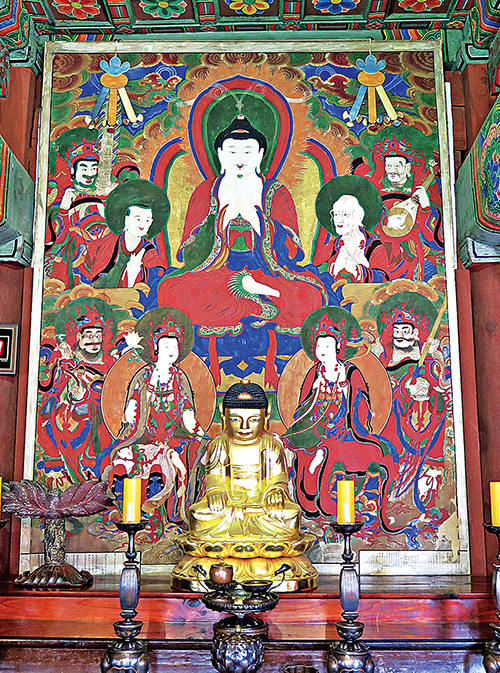 비로자나불도, 1886년, 봉은사 판전 내부 중앙 후불벽에 봉안되어 있다. 금빛 광배를 갖추고 지권인을 결한 비로자나 부처님의 형상이 돋보인다. 대화사 응석스님이 밑그림을 그렸다.