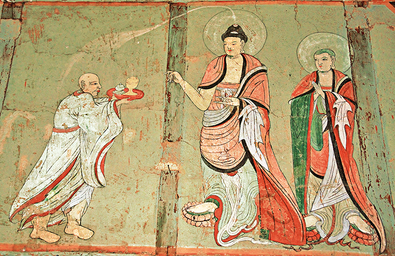 약사전 벽화. 스님이 부처님께 차를 공양하는 모습으로, 삼월삼짇날 경주 삼화령 미륵부처님께 차를 올리는 충담스님이 연상되기도 한다.