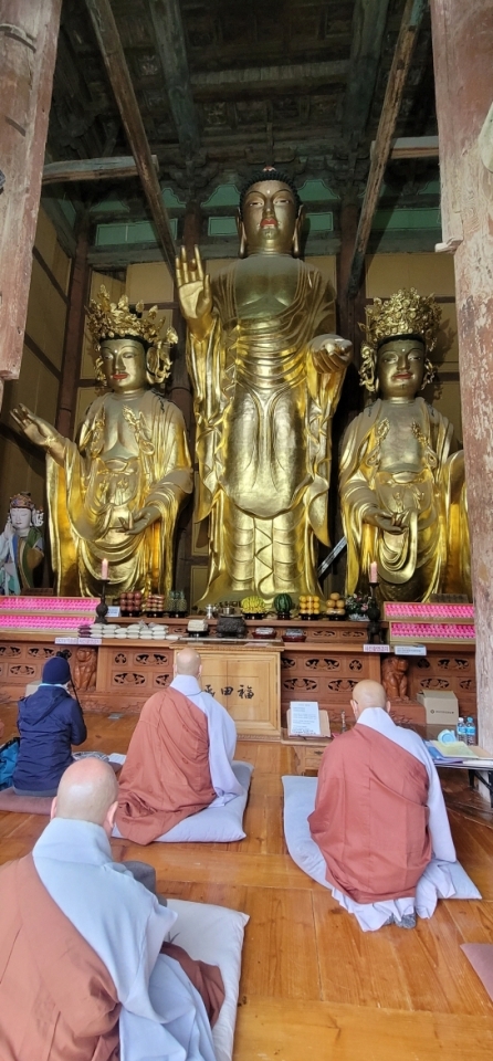 금산사 미륵부처님상이 실내 통3층 건물에 꽉 찬 모습으로 웅장한 자태를 자아내고 있다.