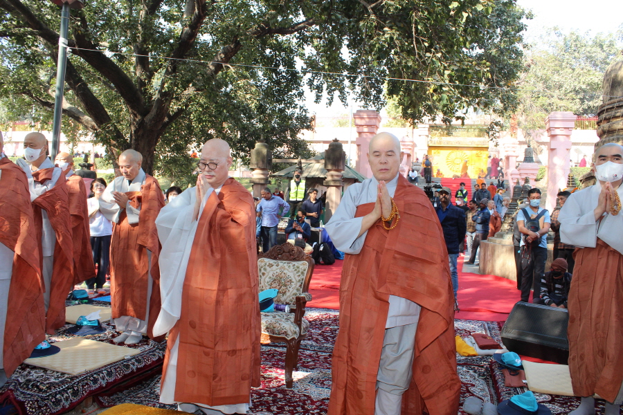 순례 14일 차인 2월22일 인도 비하르주 보드가야시 마하보디 사원 보리수나무 아래에서 열린  '세계평화기원대법회'에 참석한 상월결사 회주 자승스님(사진 오른쪽)과 조계종 총무원장 진우스님.