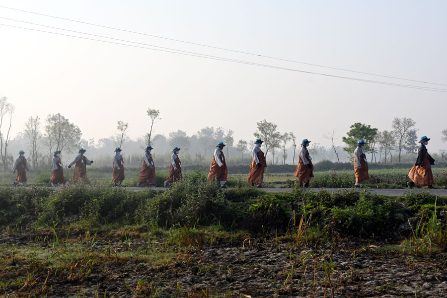 순례단 중에는 물집이 터지고 지팡이를 짚어서라도 목적지까지 완정하겠다는 각오가 묻어난다.