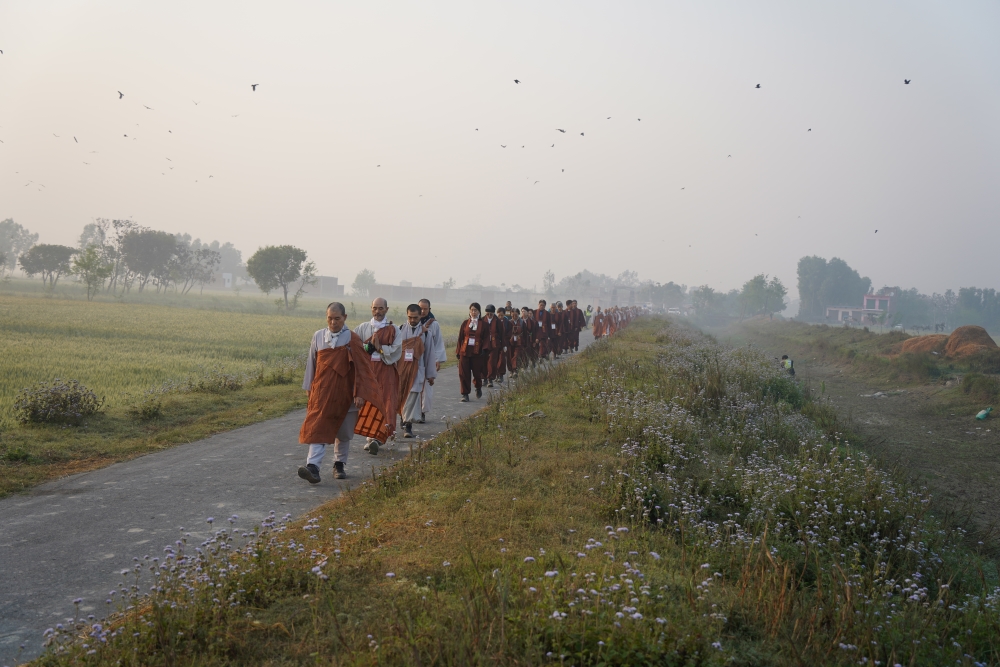 들꽃이 활짝핀 들길을 가는 순례단.