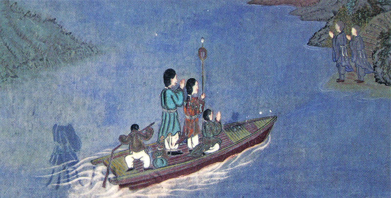 일본의 젠신, 에젠, 젠조 사미니가 위덕왕 35년(588) 비구니계를 받기 위해 백제에 도착하는 장면을 그린 부여 고란사 벽화.