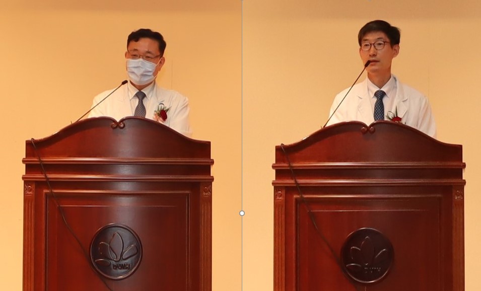 동국대 병원 개원 18주년 기념식에서 인사말을 하는 권범선 일산병원장(왼쪽)과 김동일 한방병원장.