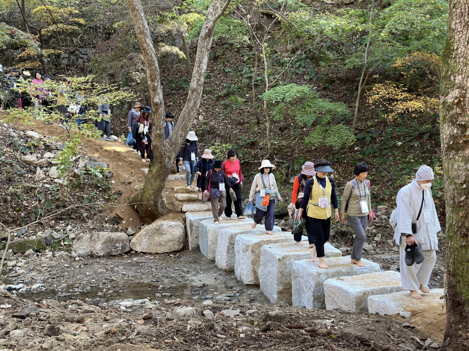 고운사 천년숲길을 맨발로 걷는 대중들. 고운사는 최근 의성군 지원을 받아 맨발 걷기에 최적화된 황토 샛길을 조성했다.