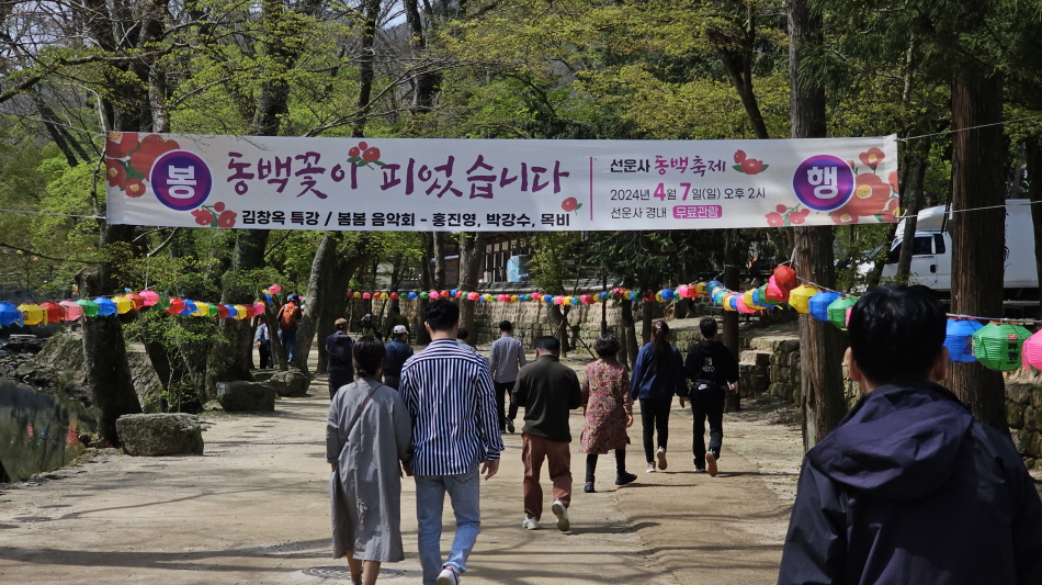 동백 축제가 열리는 선운산 선운사 진입로를 상춘객들이 무리지어 걸어가고 있다.