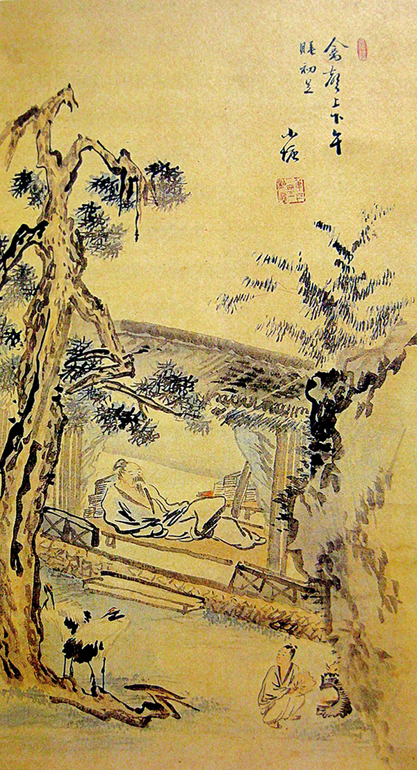 이제관의 〈오수도(午睡圖)>. 대나무 그늘 아래 선비가 한가롭게 낮잠을 즐기는 모습을 그린 작품이다. 자연 속에서의 휴식과 여유를 담은 그림으로 차(茶)와 선(禪)이 지향하는 고요한 마음의 세계를 상징한다. 지본담채, 122×56cm, 삼성미술관 리움 소장.