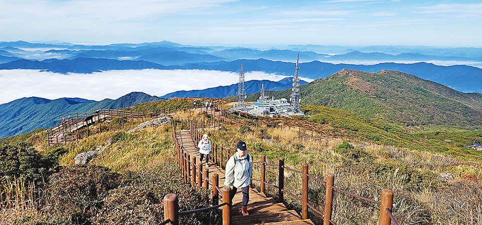 노고단 정상을 오르는 템플스테이 참가자와 등산객들.발아래 운무가 신비한 세상을 연출했다. 천은사 템플스테이에 참여한 선물이다.