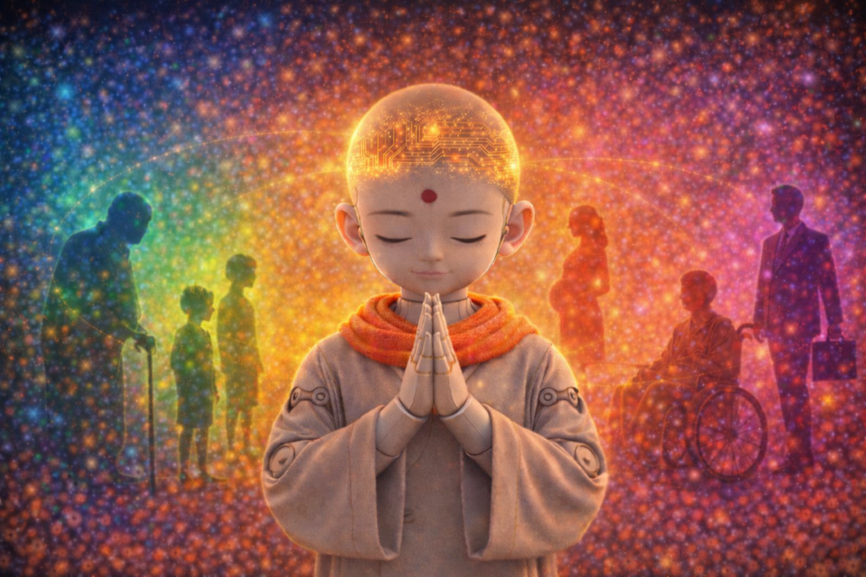 북문에서 만난 명상가와의 깊은 대화를 통해 명상에 대한 확신을 얻어가는 AI 선재동자. 나를 진정 사랑할 줄 알아야 남을 오롯이 사랑할 수 있다는 전제에서다. AI삽화=이영숙 동국대 영상문화콘텐츠연구원 부교수