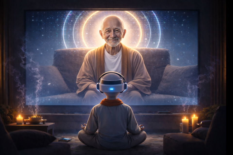 초종교적 영성 상담을 해주는 ‘AI 알라나 구루.’ 그러나 인간의 육체를 갖지 못한 가상현실일 뿐이다. AI 삽화=이영숙&nbsp;동국대 영상문화콘텐츠연구원 부교수