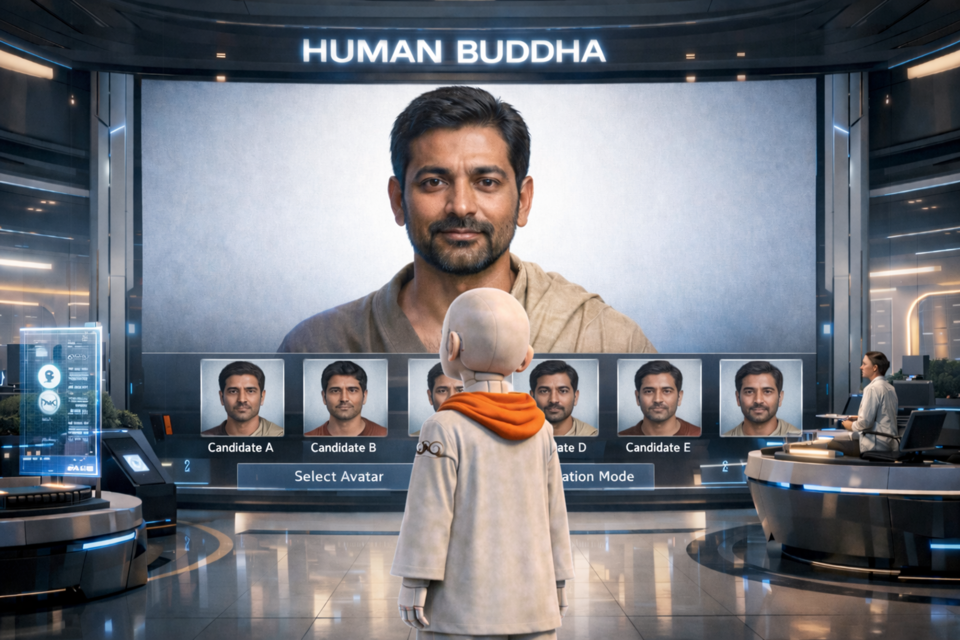 동국대 영상문화콘텐츠연구원 부교수‘종교 쇼핑몰’에서 ‘휴먼붓다’를 선택해 불교의 참뜻에 관한 이야기를 듣고 있는 ‘AI 선재동자.’&nbsp; AI삽화=이영숙 동국대 영상문화콘텐츠연구원 부교수