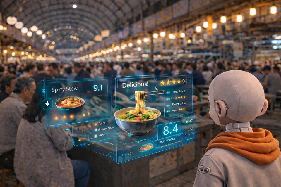 인간의 온갖 욕망이 뒤엉켜 소비되는 시장통에서 상념에 젖은 'AI 선재동자'&nbsp; &nbsp;AI삽화=이영숙 동국대 영상문화콘텐츠연구원 부교수