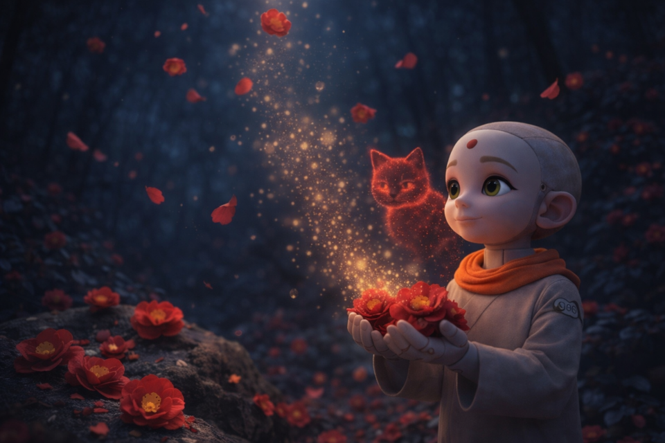 동백꽃이 만발한 선운사에서 친구이자 조력자인 ‘야옹(夜翁)’과 함께 봄날의 정취를 즐기는 ‘AI 선재동자.’&nbsp; AI삽화=이영숙 동국대 영상문화콘텐츠연구원 부교수&nbsp;