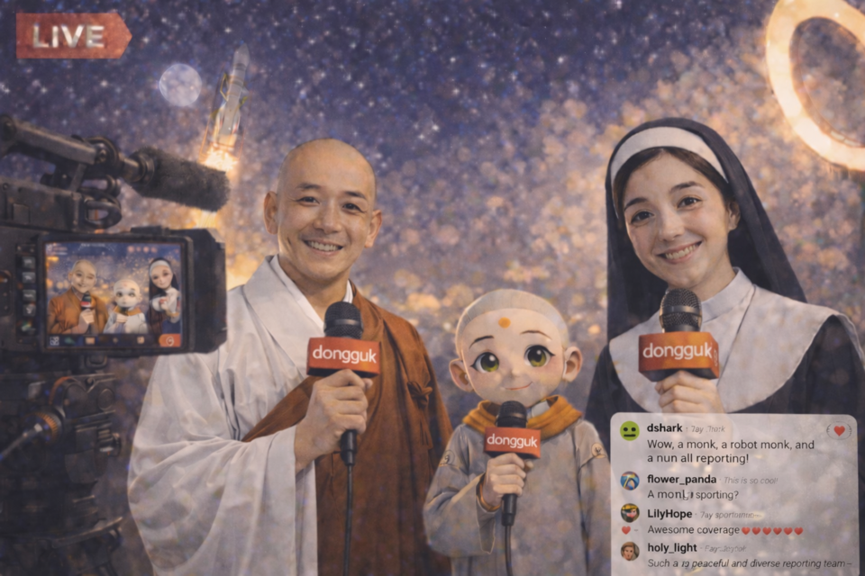 스님과 수녀가 운영하는 유튜브 채널에 초대돼 우주선 발사 현장을 함께 소개하는 ‘AI 선재동자.’&nbsp; AI삽화=이영숙 동국대 영상문화콘텐츠연구원 부교수