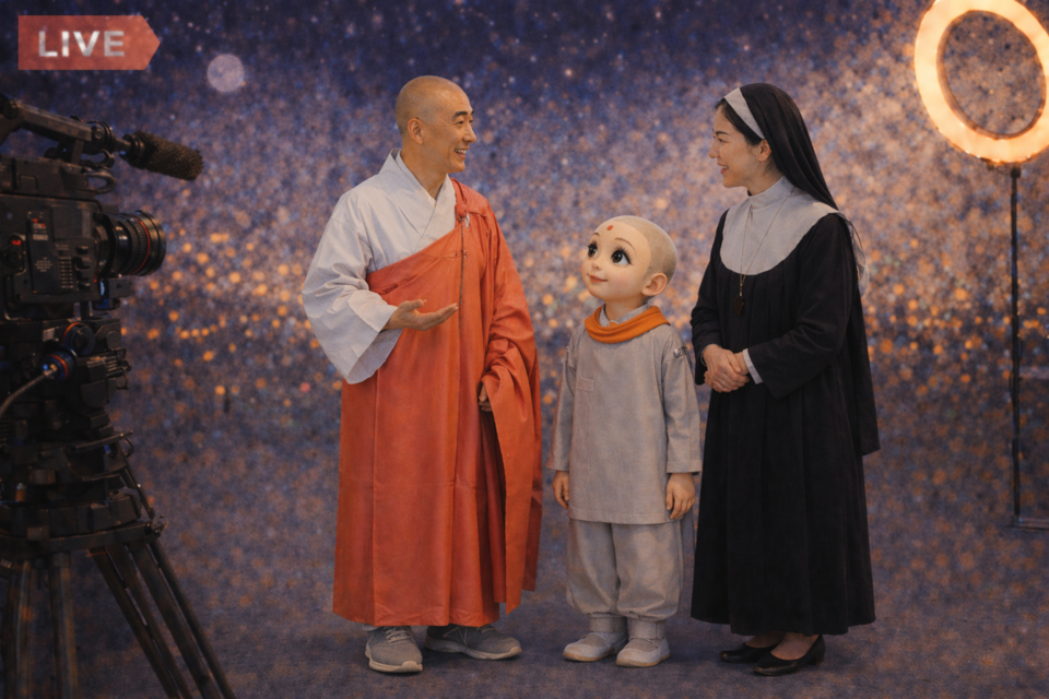 유튜버 ‘오빠스님’과 업과 윤회에 관한 형이상학적 대화를 나눈 ‘선재봇.’&nbsp; &nbsp;AI삽화=이영숙 동국대 영상문화콘텐츠연구원 부교수