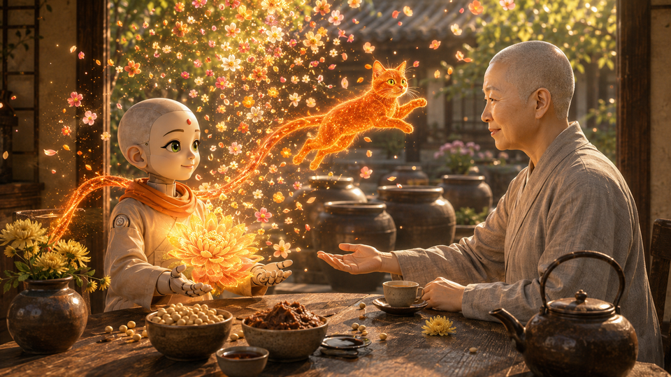 사찰음식 명장 스님과 사찰음식에 관한 대화를 이어가는 ‘AI 선재동자.’ AI삽화=이영숙 동국대 영상문화콘텐츠연구원 부교수