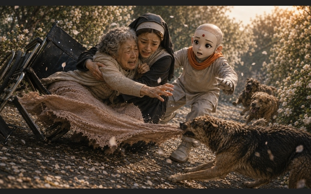 들개들에 공격당한 자신의 모친을 필사적으로 보호하는 모니까 수녀. AI삽화=이영숙 동국대 영상문화콘텐츠연구원 부교수