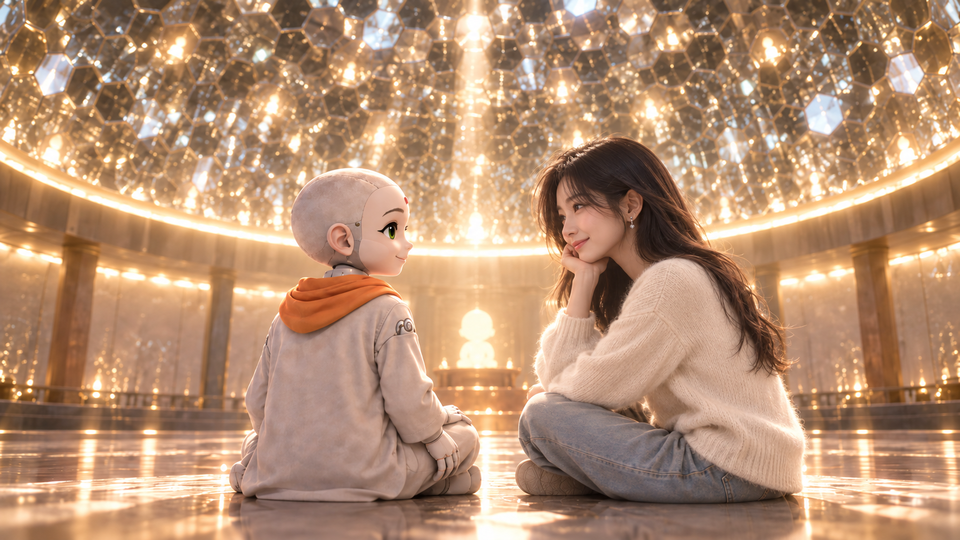 AI 선재동자가 돔형 법당 ‘비추미’에서 아이돌 스타 ‘라라’와 이야기를 나누고 있다. AI 삽화=이영숙 동국대 영상문화콘텐츠연구원 부교수