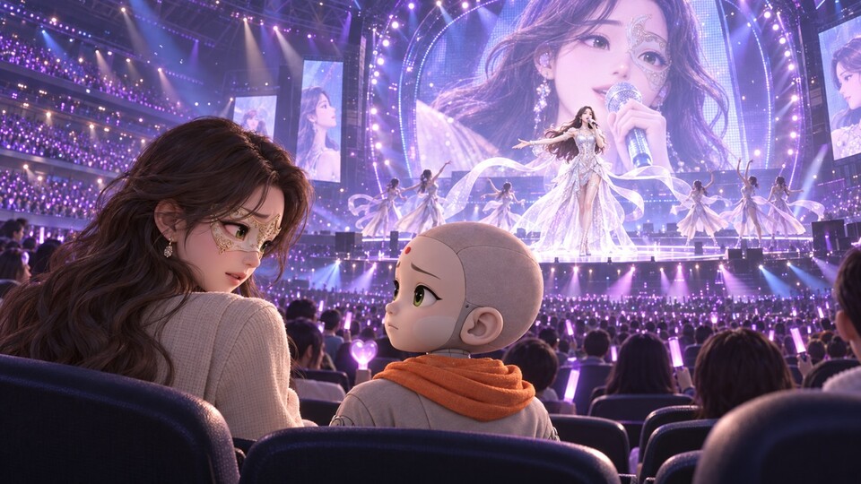 아픈 라라를 대신해 공연하고 있는 AI 라라를 보며 만감이 교차하는 라라와 AI 선재동자. AI삽화=이영숙 동국대 영상문화콘텐츠연구원 부교수