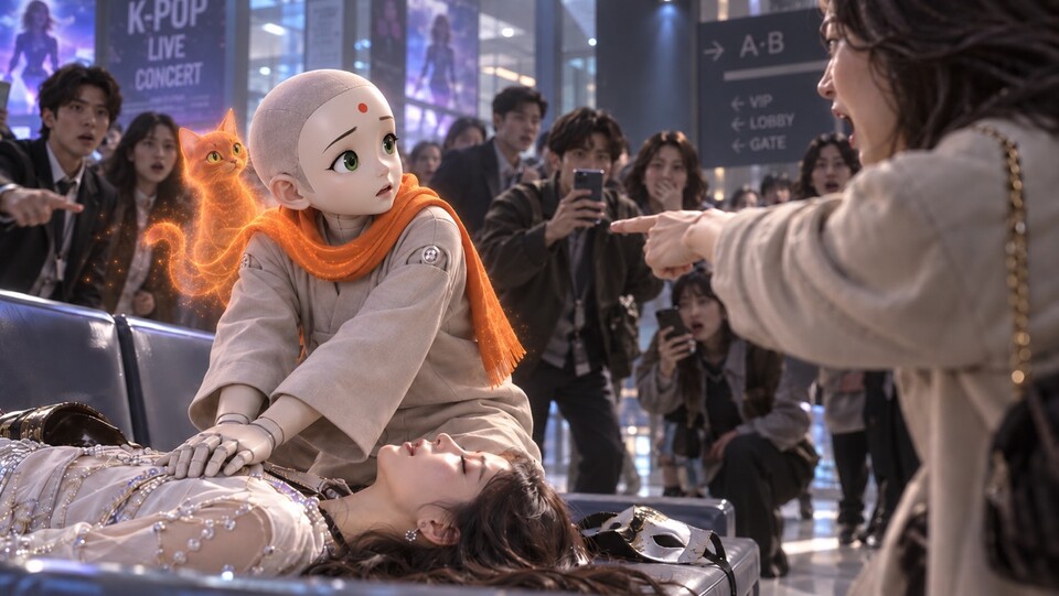 정신을 잃은 ‘라라’에게 인공호흡을 하다가 성추행범으로 몰리는 AI 선재동자. AI 삽화=이영숙 동국대 영상문화콘텐츠연구원 부교수